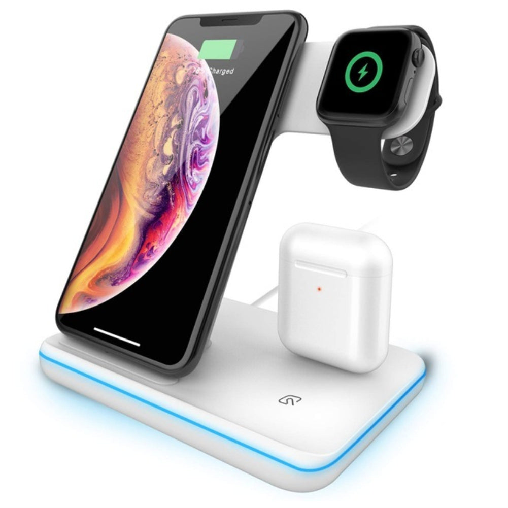 15w Vertical Multi-functional 3-in-1 Wireless Charger Fast Charging Station For Watch Mobile Phone Headset White