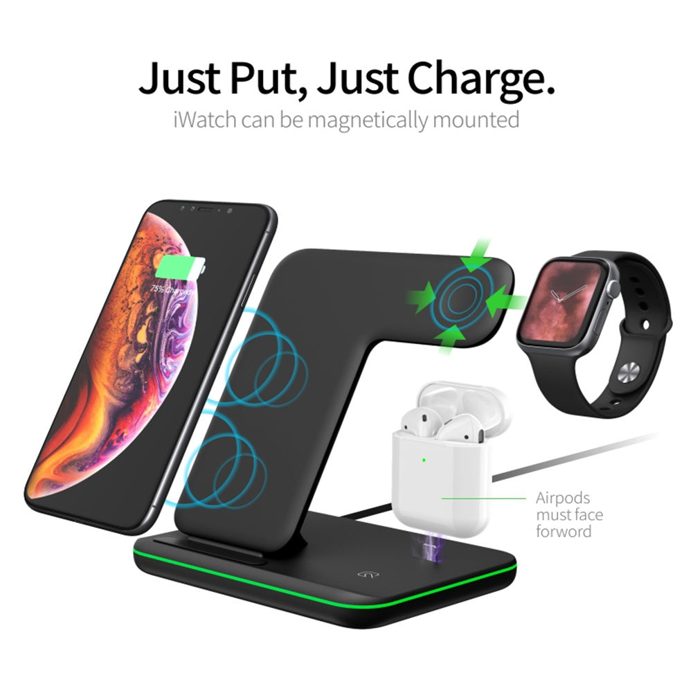15w Vertical Multi-functional 3-in-1 Wireless Charger Fast Charging Station For Watch Mobile Phone Headset White
