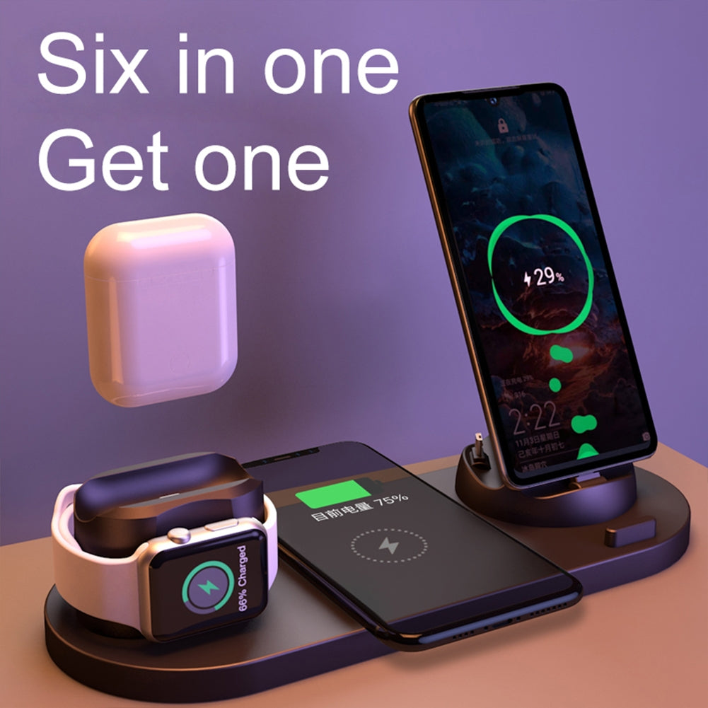 WS 6-in-1 Wireless  Charger Automatic Control Multi-port Charging Station Compatible For Iwatch Huawei Watch Mobile Phone WS5 White [15W Upgrade]