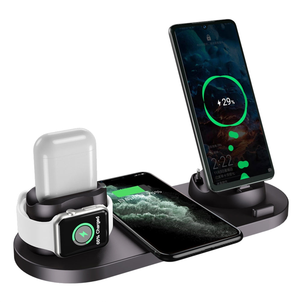 WS 6-in-1 Wireless  Charger Automatic Control Multi-port Charging Station Compatible For Iwatch Huawei Watch Mobile Phone WS5 White [15W Upgrade]