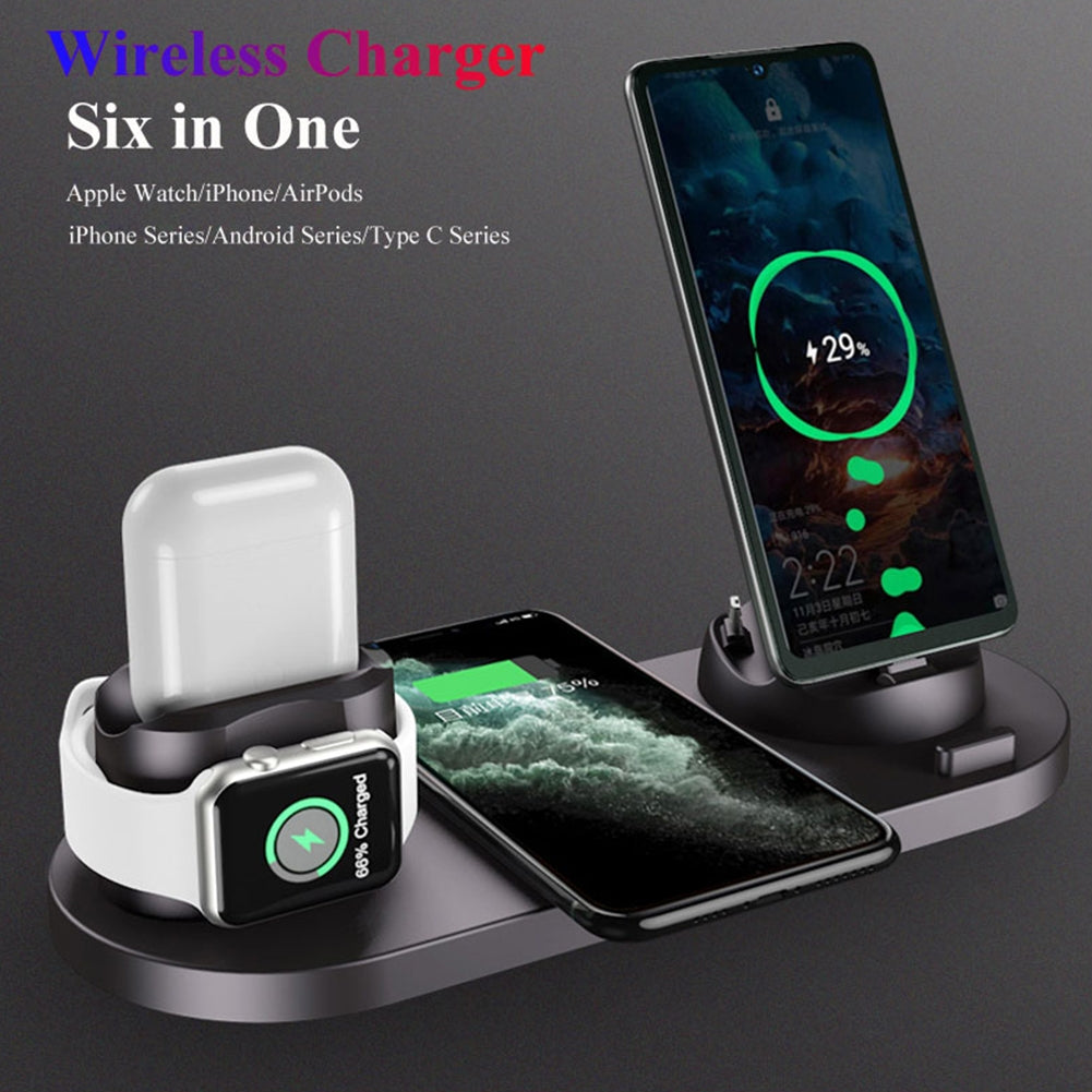 WS 6-in-1 Wireless  Charger Automatic Control Multi-port Charging Station Compatible For Iwatch Huawei Watch Mobile Phone WS5 White [15W Upgrade]