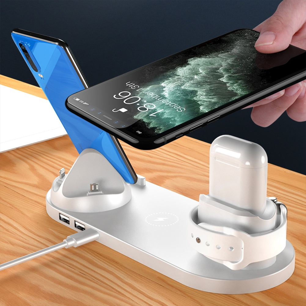 WS 6-in-1 Wireless  Charger Automatic Control Multi-port Charging Station Compatible For Iwatch Huawei Watch Mobile Phone WS5 White [15W Upgrade]