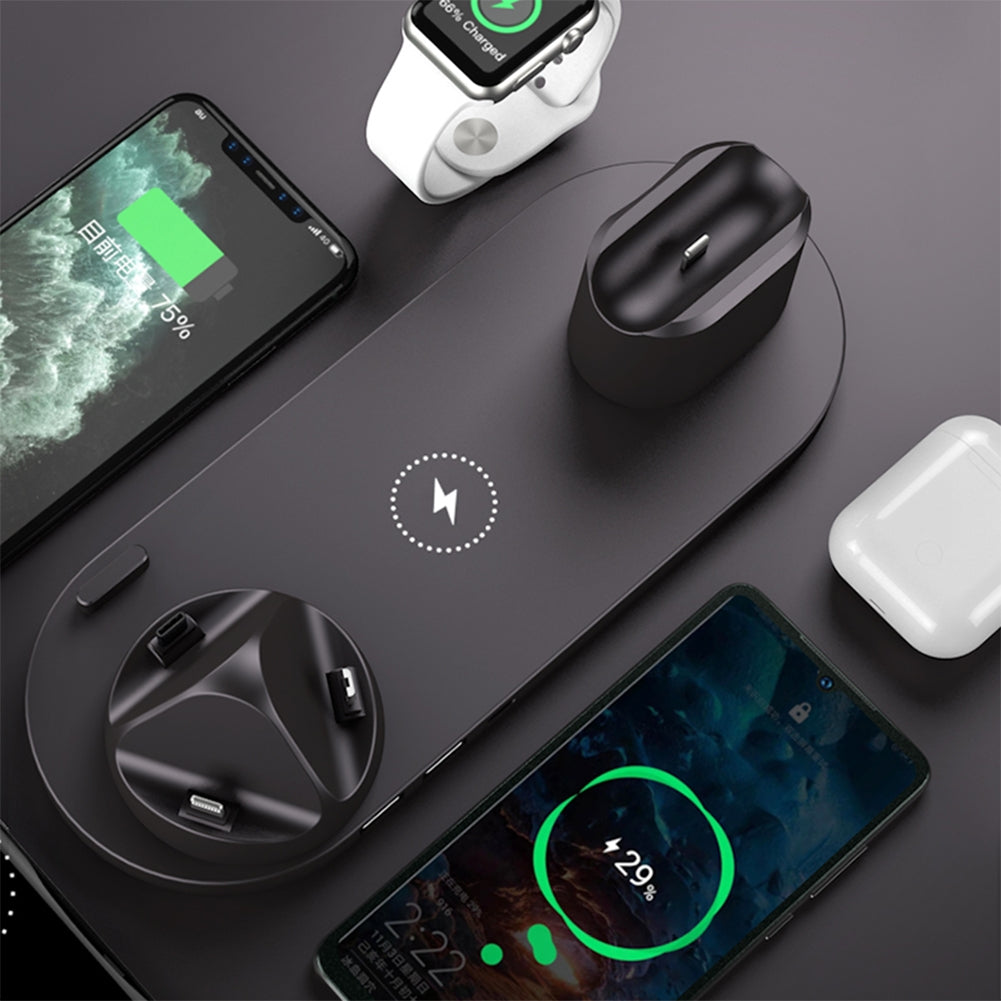 WS 6-in-1 Wireless  Charger Automatic Control Multi-port Charging Station Compatible For Iwatch Huawei Watch Mobile Phone WS5 White [15W Upgrade]