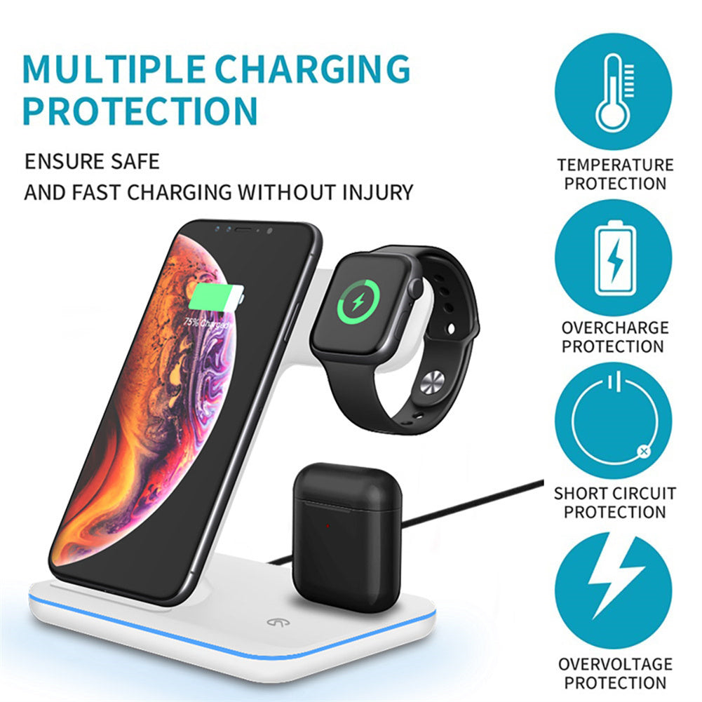 15w Vertical Multi-functional 3-in-1 Wireless Charger Fast Charging Station For Watch Mobile Phone Headset White