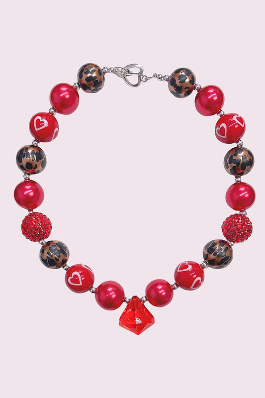 Girls Red Heart & Animal Print Necklace